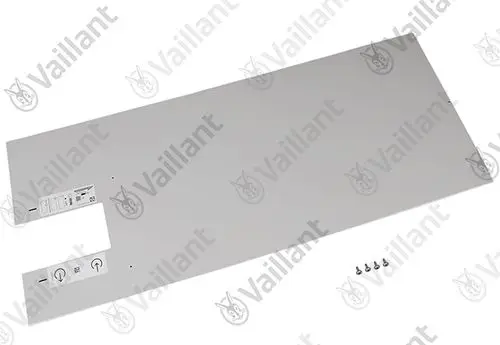 Rechteckiges Metallblech in Silber mit Ausschnitten und Bedienelementen, beschriftet, für Vaillant Geräte, mit vier dazugehörigen Schrauben.